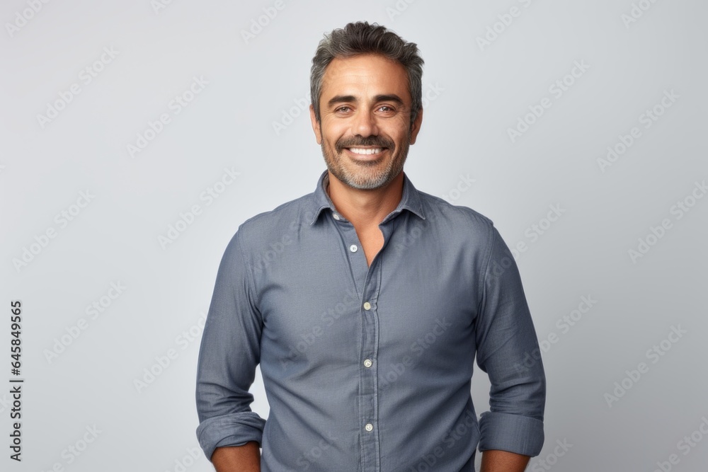 Medium shot portrait photography of a Peruvian man in his 40s against a white background Medium shot portrait photography of a Peruvian man in his 40s against a white background