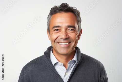 Portrait photography of a Peruvian man in his 40s against a white background