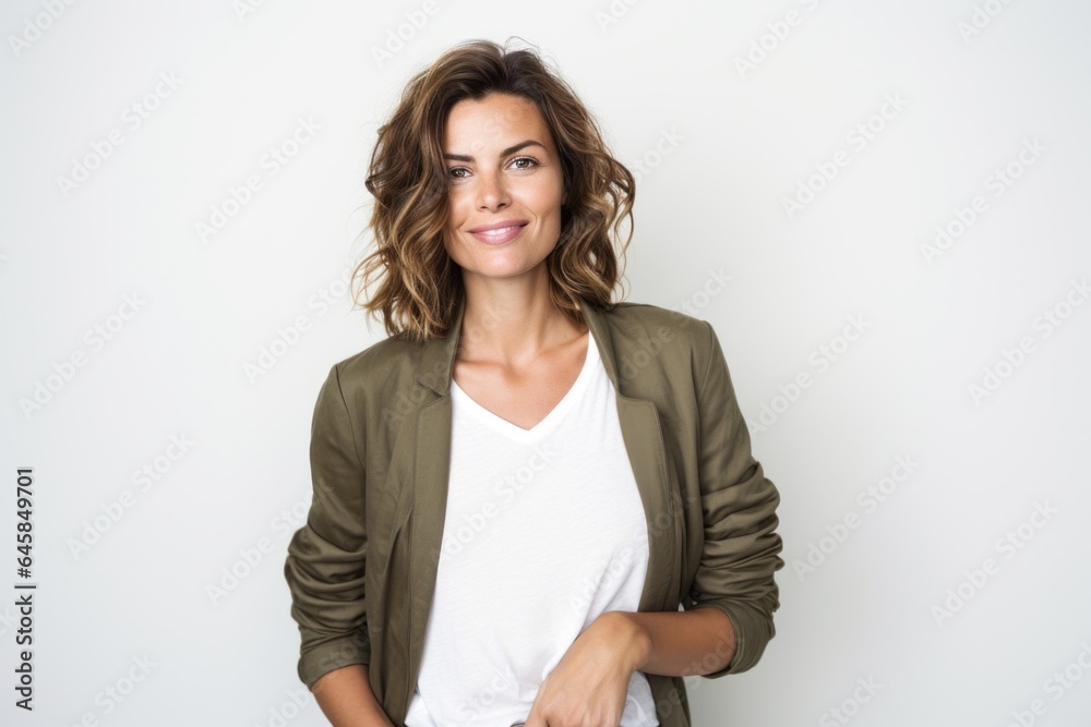Portrait photography of a French woman in her 30s against a white background Portrait photography of a French woman in her 30s against a white background