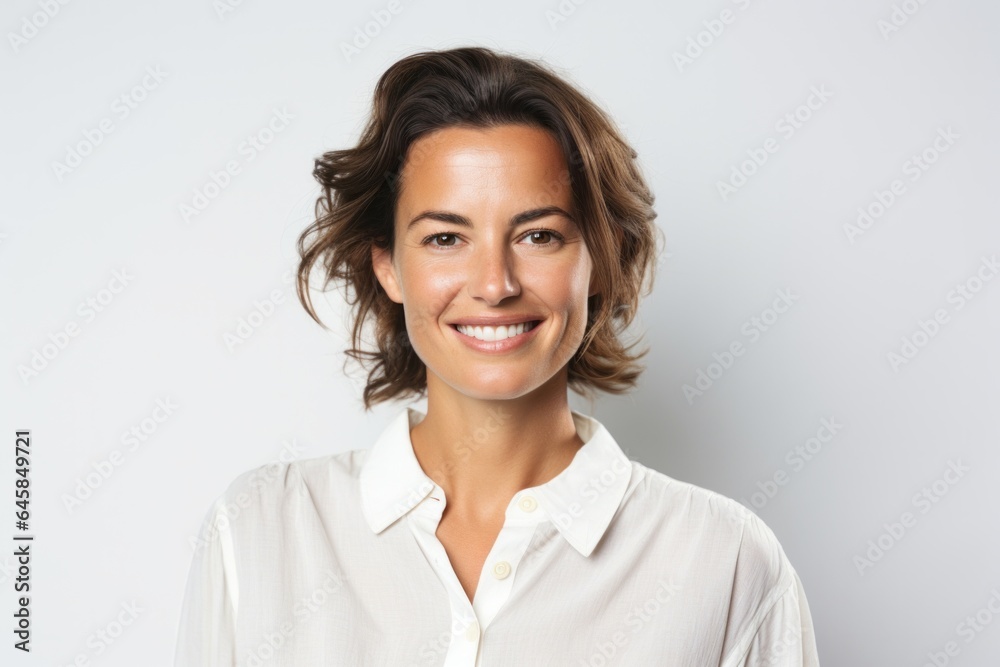 Portrait photography of a French woman in her 30s wearing a simple tunic against a white background