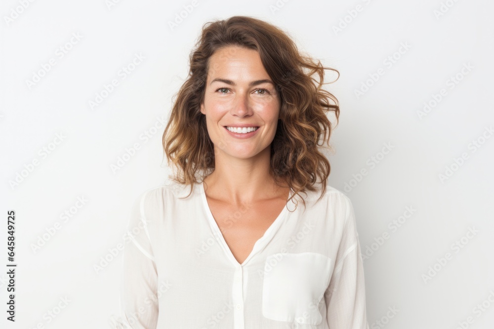 Portrait photography of a French woman in her 30s wearing a simple tunic against a white background Portrait photography of a French woman in her 30s wearing a simple tunic against a white background