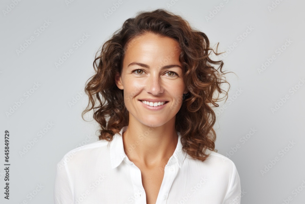 Portrait photography of a French woman in her 30s wearing a simple tunic against a white background Portrait photography of a French woman in her 30s wearing a simple tunic against a white background