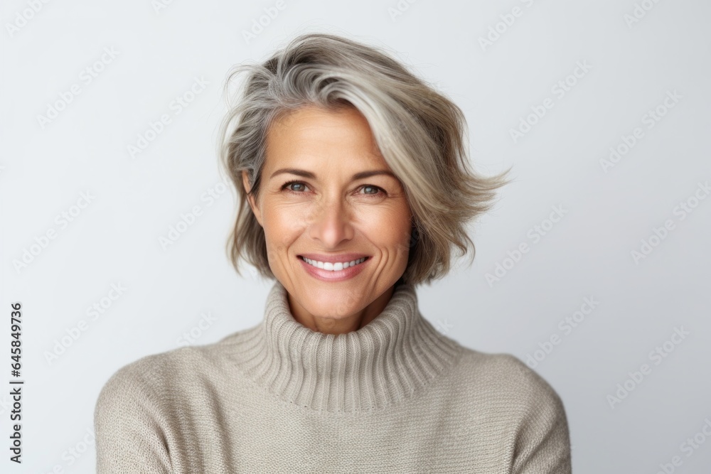 Medium shot portrait photography of a French woman in her 40s wearing a cozy sweater against a white background Medium shot portrait photography of a French woman in her 40s wearing a cozy sweater against a white background