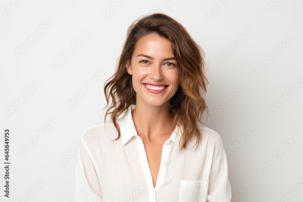 Portrait photography of a French woman in her 30s wearing a simple tunic against a white background Portrait photography of a French woman in her 30s wearing a simple tunic against a white background