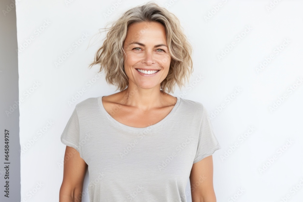 Portrait photography of a French woman in her 40s wearing a casual t-shirt against a white background Portrait photography of a French woman in her 40s wearing a casual t-shirt against a white background