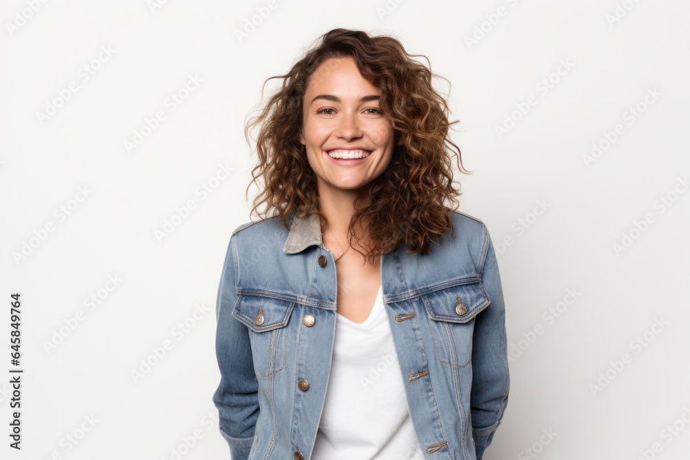 Portrait photography of a French woman in her 30s wearing a denim jacket against a white background Portrait photography of a French woman in her 30s wearing a denim jacket against a white background
