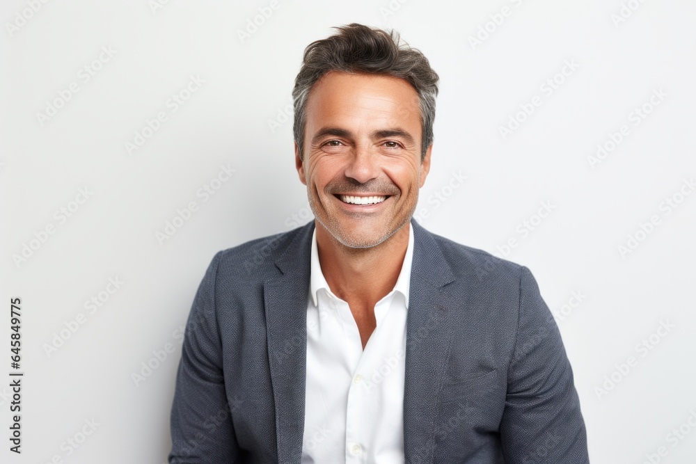Medium shot portrait photography of a French man in his 40s against a white background Medium shot portrait photography of a French man in his 40s against a white background