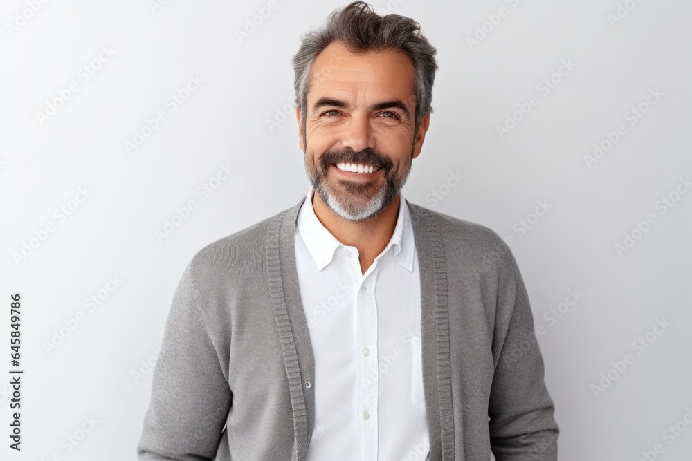 Medium shot portrait photography of a French man in his 40s against a white background Medium shot portrait photography of a French man in his 40s against a white background