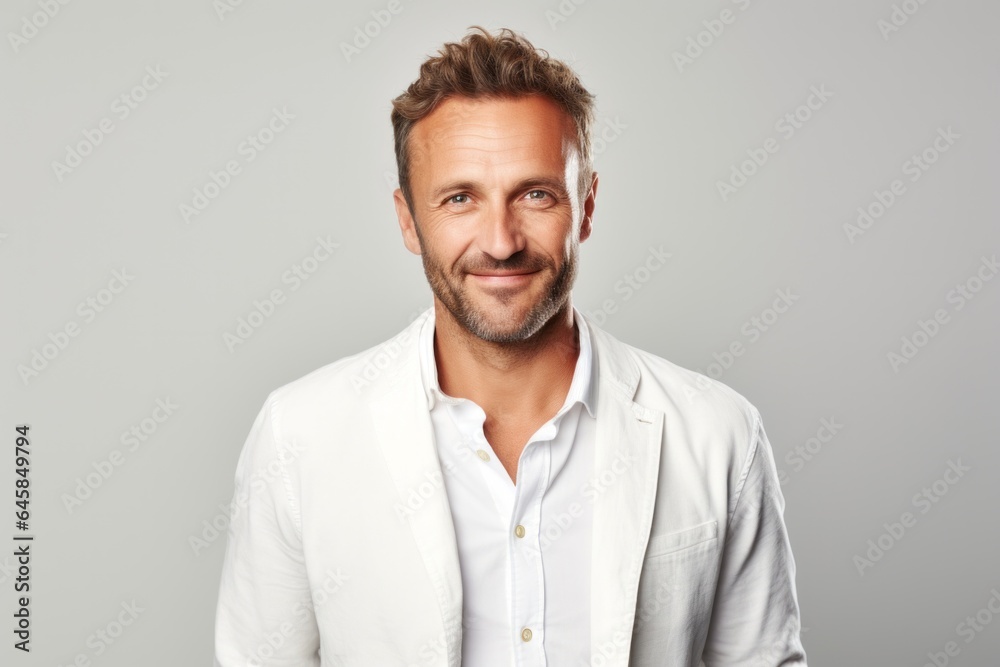 Portrait photography of a French man in his 40s against a white background