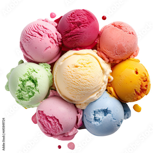 PNG Assorted scoops ice cream isolated on transparent background. Top view of ice cream