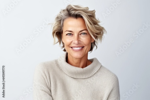 Medium shot portrait photography of a French woman in her 40s wearing a cozy sweater against a white background