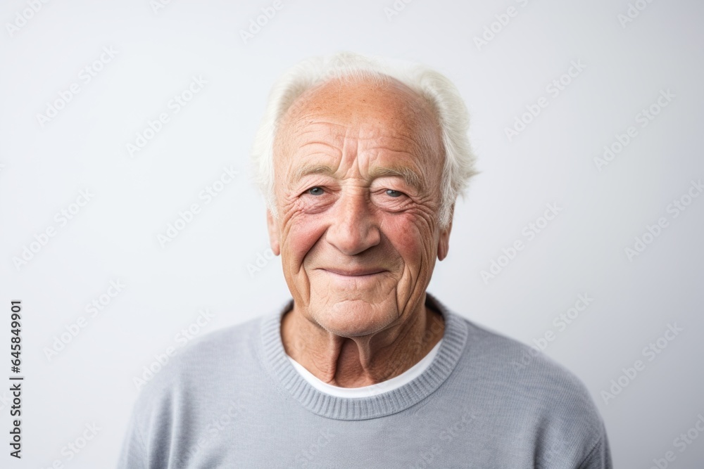 Portrait photography of a French man in his 80s wearing a simple tunic against a white background Portrait photography of a French man in his 80s wearing a simple tunic against a white background
