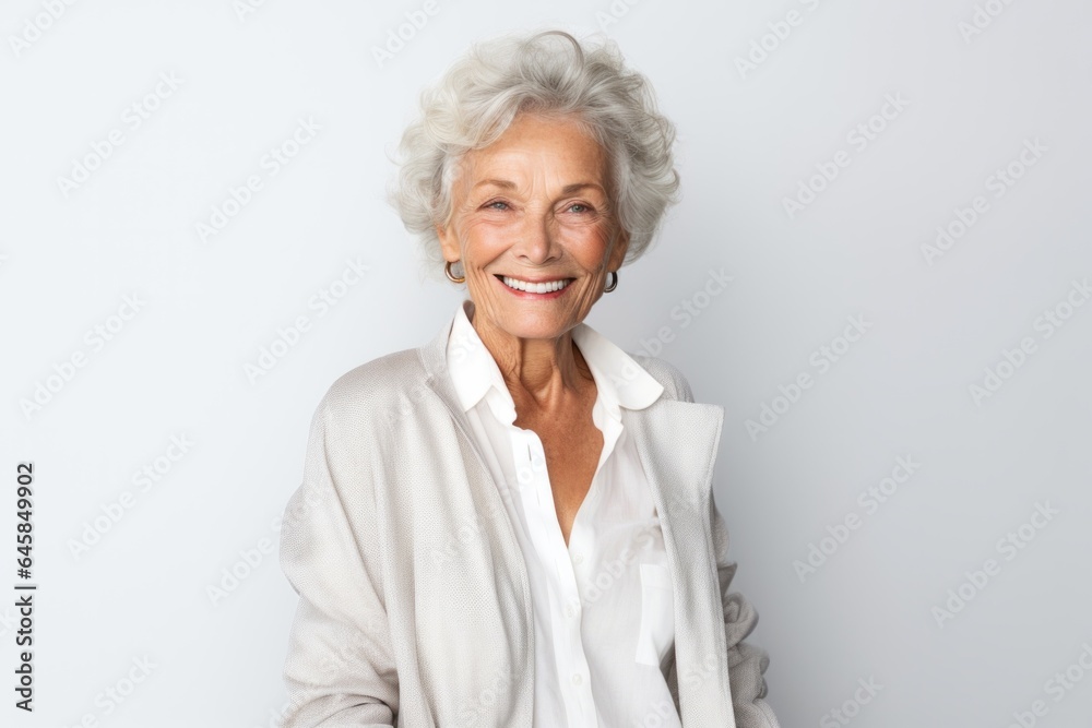 Medium shot portrait photography of a French woman in her 90s against a white background Medium shot portrait photography of a French woman in her 90s against a white background