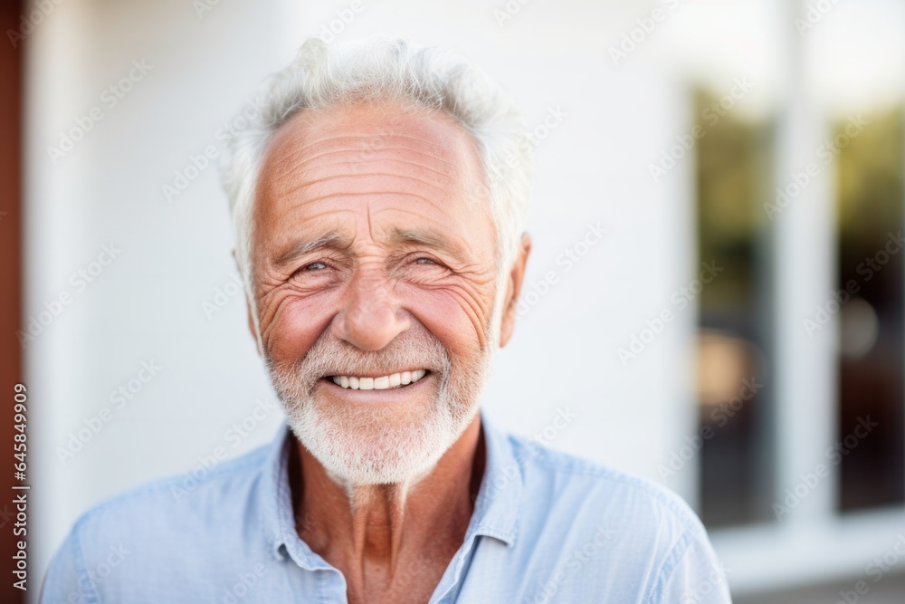 Portrait photography of a French man in his 80s wearing a simple tunic against a white background - obrazy, fototapety, plakaty 