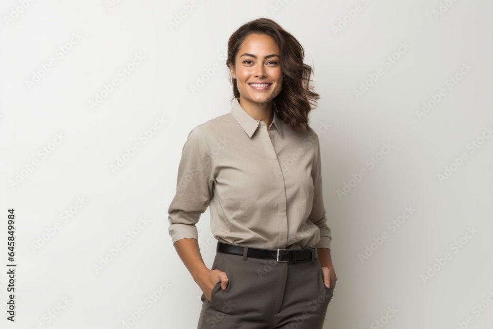 Portrait photography of a Colombian woman in her 30s wearing a smart pair of trousers against a white background Portrait photography of a Colombian woman in her 30s wearing a smart pair of trousers against a white background