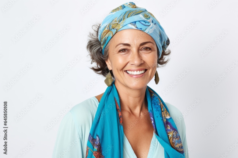 Group portrait photography of a Colombian woman in her 50s wearing a foulard against a white background Group portrait photography of a Colombian woman in her 50s wearing a foulard against a white background