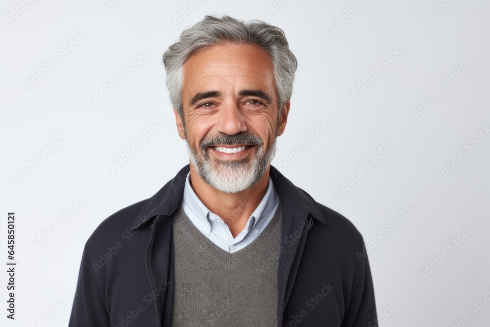 Lifestyle portrait photography of a Colombian man in his 50s against a white background