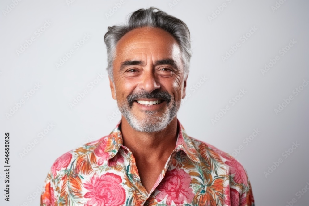 Medium shot portrait photography of a Colombian man in his 50s wearing a foulard against a white background Medium shot portrait photography of a Colombian man in his 50s wearing a foulard against a white background