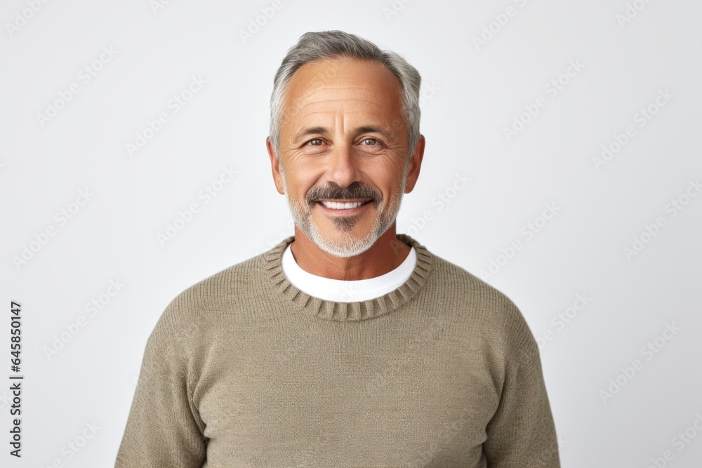 Medium shot portrait photography of a Colombian man in his 60s wearing a cozy sweater against a white background Medium shot portrait photography of a Colombian man in his 60s wearing a cozy sweater against a white background