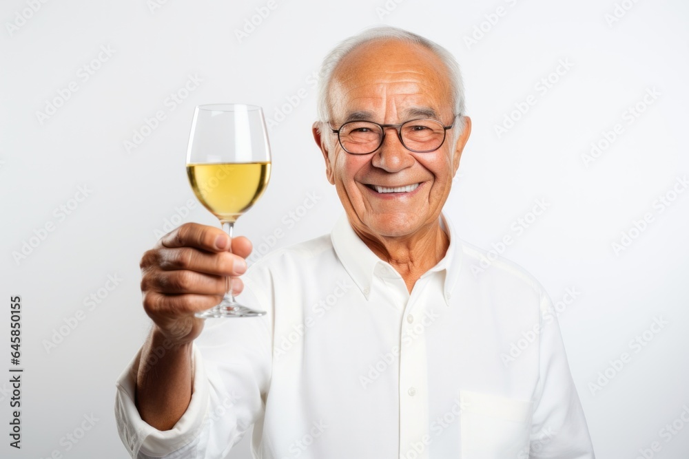 Portrait photography of a Colombian man in his 70s against a white background happily holding a glass of wine Portrait photography of a Colombian man in his 70s against a white background happily holding a glass of wine