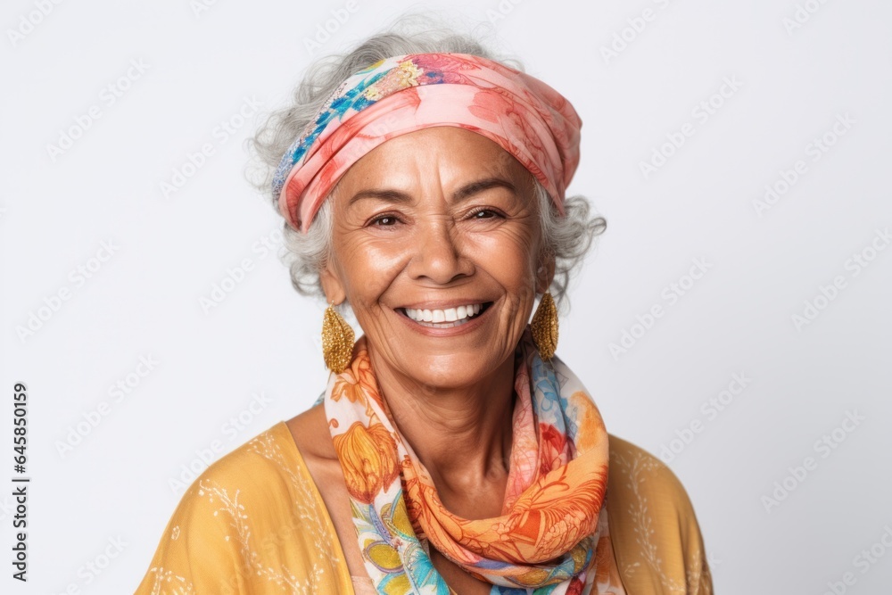 Portrait photography of a Colombian woman in her 70s wearing a foulard against a white background