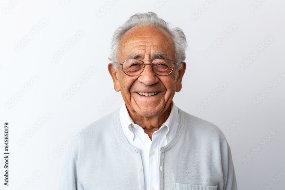 Medium shot portrait photography of a Colombian man in his 90s against a white background Medium shot portrait photography of a Colombian man in his 90s against a white background