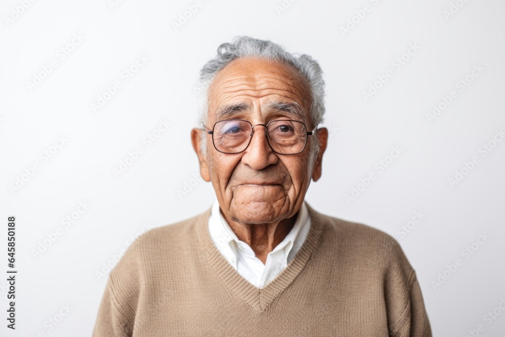 Portrait photography of a serious 100-year-old elderly Colombian man against a white background Portrait photography of a serious 100-year-old elderly Colombian man against a white background