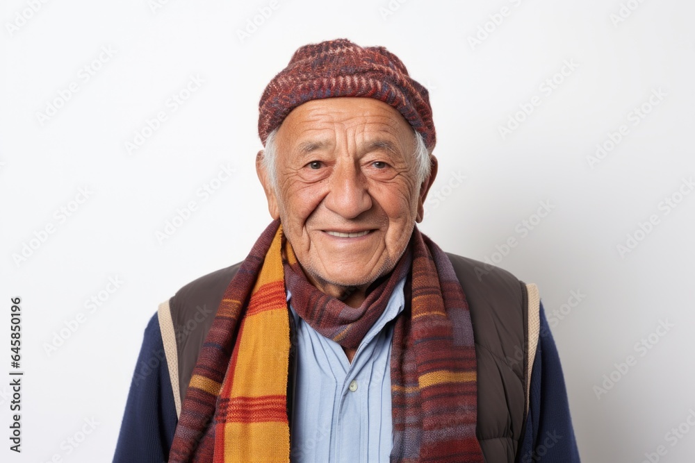 Portrait photography of a Colombian man in his 90s wearing a foulard against a white background Portrait photography of a Colombian man in his 90s wearing a foulard against a white background