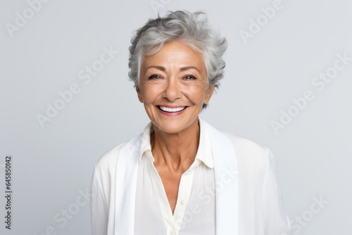 Portrait photography of a Colombian woman in her 60s wearing a classic blazer against a white background