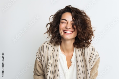 Portrait photography of a cheerful Italian woman in her 30s against a white background
