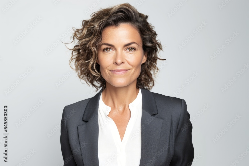 Portrait photography of a Italian woman in her 40s wearing a classic blazer against a white background Portrait photography of a Italian woman in her 40s wearing a classic blazer against a white background