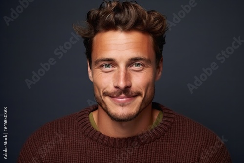 Medium shot portrait photography of a Swedish man in his 20s wearing a cozy sweater