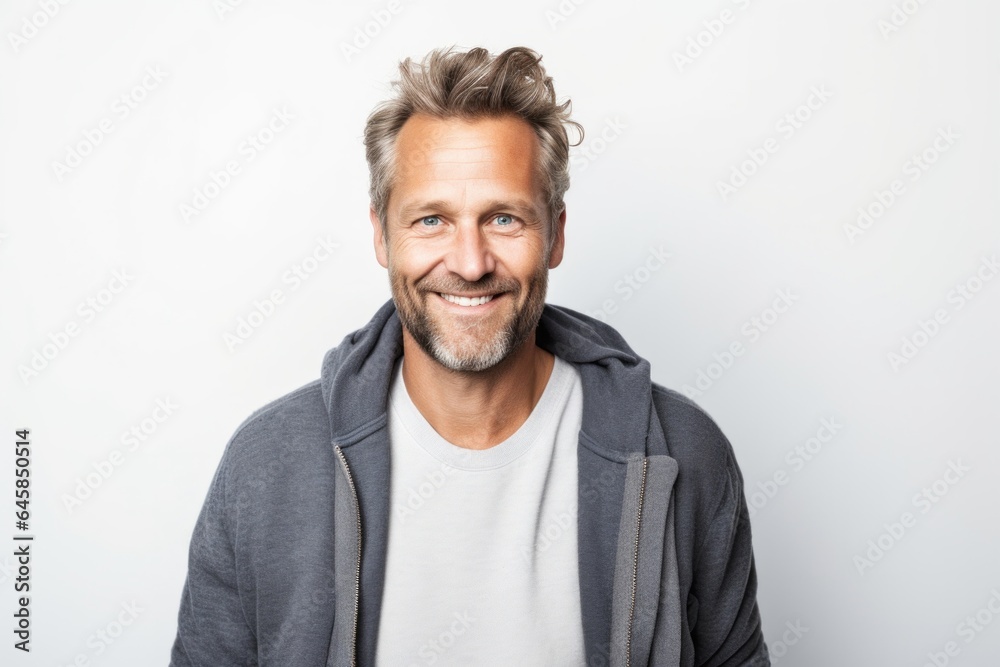 Lifestyle portrait photography of a Swedish man in his 40s against a white background