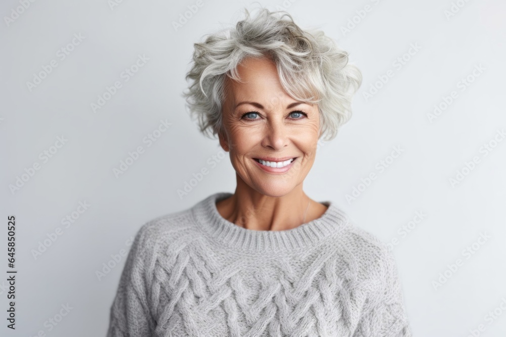 Medium shot portrait photography of a Swedish woman in her 50s wearing a cozy sweater against a white background