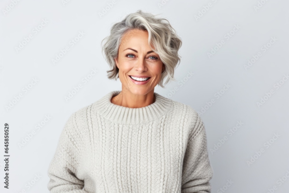 Medium shot portrait photography of a Swedish woman in her 50s wearing a cozy sweater against a white background Medium shot portrait photography of a Swedish woman in her 50s wearing a cozy sweater against a white background