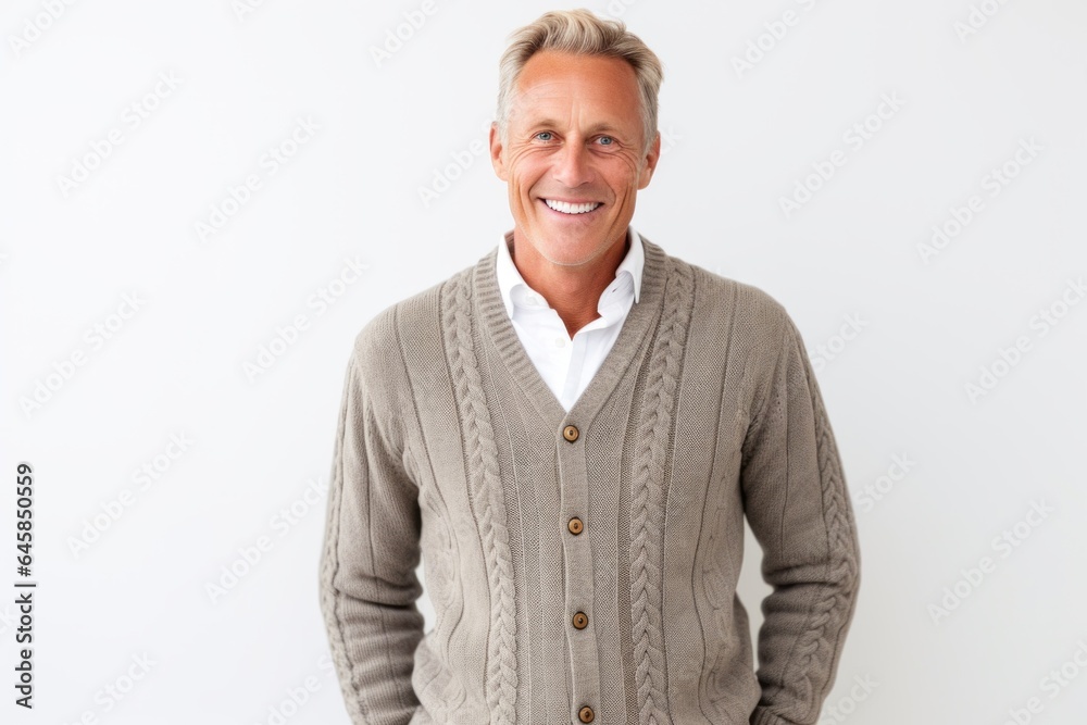 Lifestyle portrait photography of a Swedish man in his 50s against a white background Lifestyle portrait photography of a Swedish man in his 50s against a white background