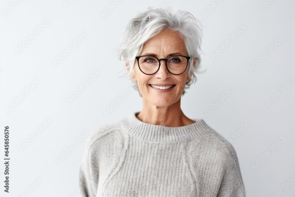Medium shot portrait photography of a Swedish woman in her 60s wearing a cozy sweater against a white background