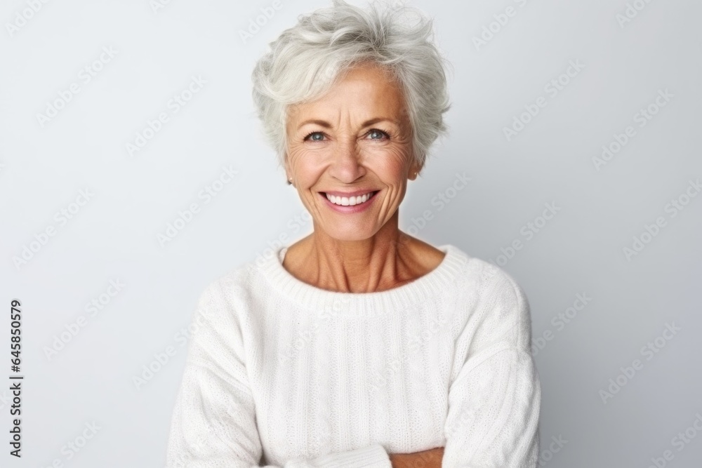 Medium shot portrait photography of a Swedish woman in her 60s wearing a cozy sweater against a white background Medium shot portrait photography of a Swedish woman in her 60s wearing a cozy sweater against a white background