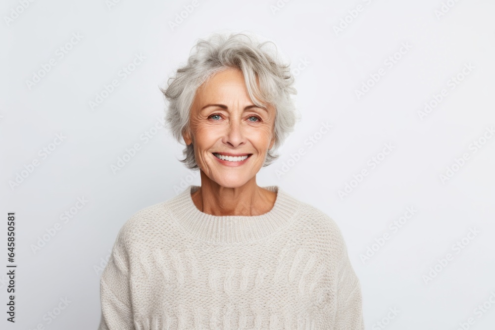 Medium shot portrait photography of a cheerful Swedish woman in her 60s wearing a cozy sweater against a white background Medium shot portrait photography of a cheerful Swedish woman in her 60s wearing a cozy sweater against a white background