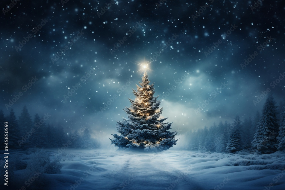 Festive Christmas tree covered in snow, seasonal joy