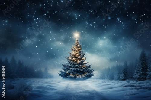 Festive Christmas tree covered in snow, seasonal joy © Ash