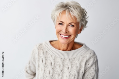 Medium shot portrait photography of a cheerful Swedish woman in her 60s wearing a cozy sweater against a white background © Anne Schaum
