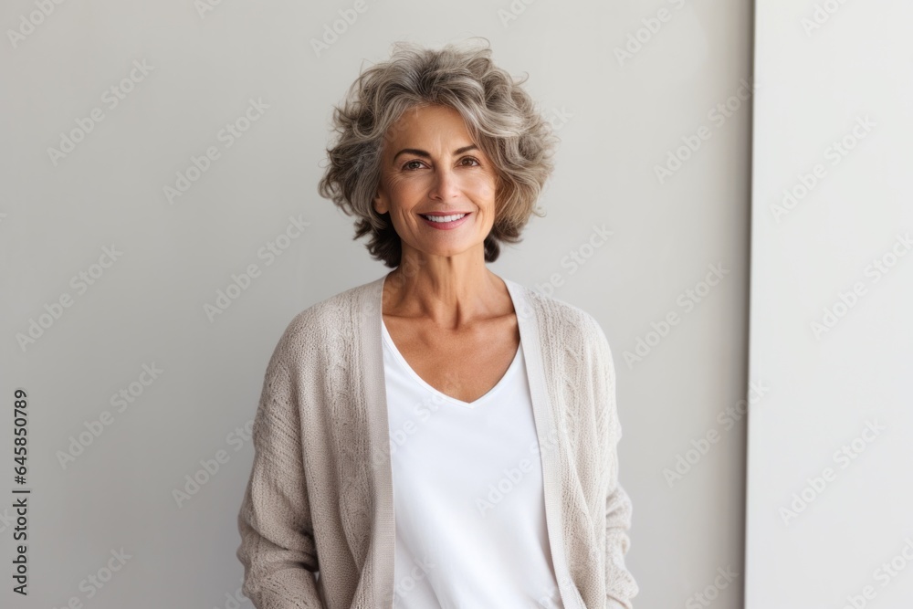 Portrait photography of a cheerful Italian woman in her 60s against a minimalist or empty room background Portrait photography of a cheerful Italian woman in her 60s against a minimalist or empty room background