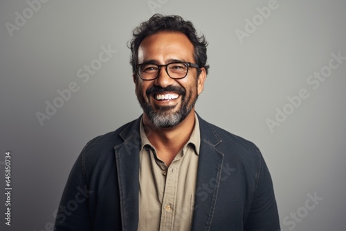 Portrait photography of a cheerful Colombian man in his 40s against a minimalist or empty room background © Anne Schaum