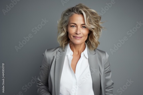 Lifestyle portrait photography of a Italian woman in her 50s wearing a classic blazer against a minimalist or empty room background