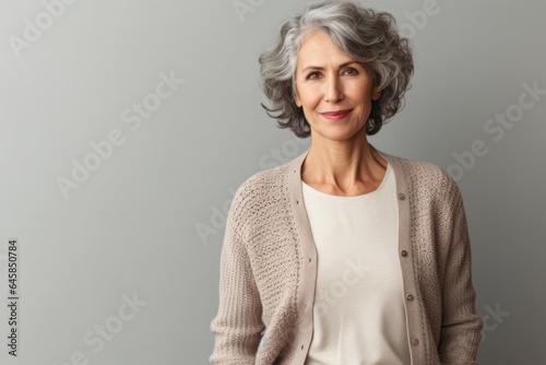 Portrait photography of a cheerful Italian woman in her 60s against a minimalist or empty room background