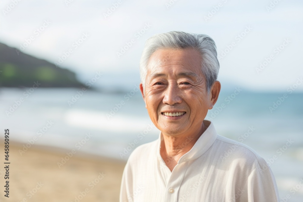 Medium shot portrait photography of a Vietnamese man in his 80s against a beach background