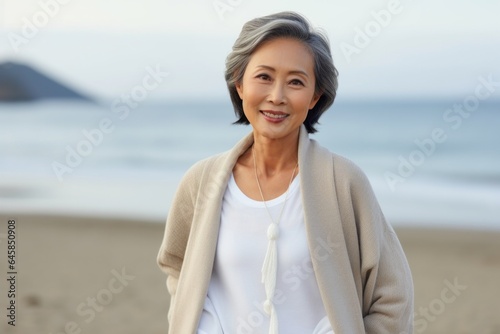 Medium shot portrait photography of a Vietnamese woman in her 50s against a beach background