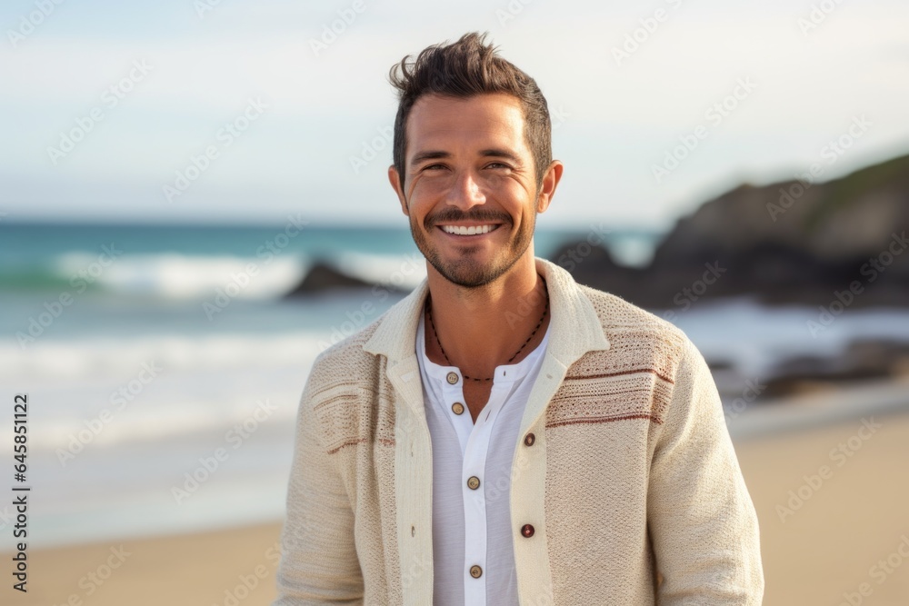 Group portrait photography of a Colombian man in his 30s against a beach background Group portrait photography of a Colombian man in his 30s against a beach background