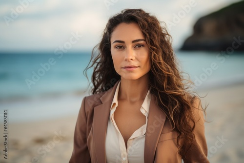 Portrait photography of a Colombian woman in her 30s wearing a classic blazer against a beach background